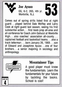 1991 West Virginia Mountaineers Program Cards #4 Joe Ayuso Back