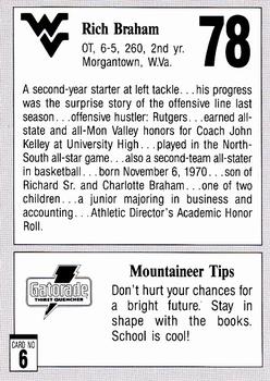1991 West Virginia Mountaineers Program Cards #6 Rich Braham Back