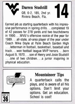 1991 West Virginia Mountaineers Program Cards #36 Darren Studstill Back