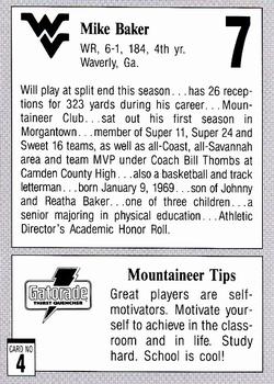 1992 West Virginia Mountaineers Program Cards #4 Mike Baker Back