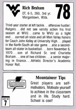 1992 West Virginia Mountaineers Program Cards #7 Rich Braham Back