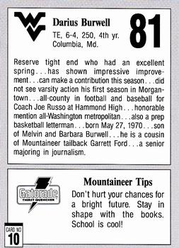 1992 West Virginia Mountaineers Program Cards #10 Darius Burwell Back