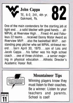1992 West Virginia Mountaineers Program Cards #11 John Cappa Back