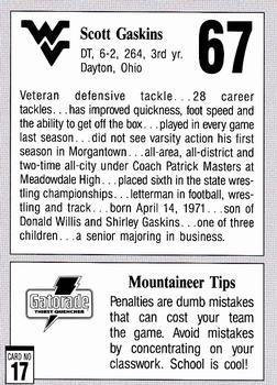 1992 West Virginia Mountaineers Program Cards #17 Scott Gaskins Back