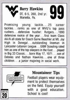 1992 West Virginia Mountaineers Program Cards #20 Barry Hawkins Back