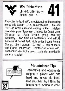 1992 West Virginia Mountaineers Program Cards #37 Wes Richardson Back
