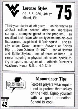 1992 West Virginia Mountaineers Program Cards #42 Lorenzo Styles Back