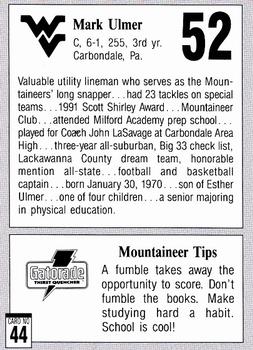 1992 West Virginia Mountaineers Program Cards #44 Mark Ulmer Back