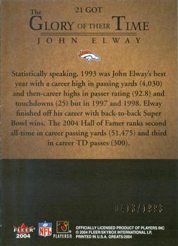 2004 Fleer Greats of the Game - Glory of Their Time #21 GOT John Elway Back