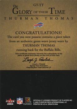 2004 Fleer Greats of the Game - Glory of Their Time Game Used Gold #GT-TT Thurman Thomas Back