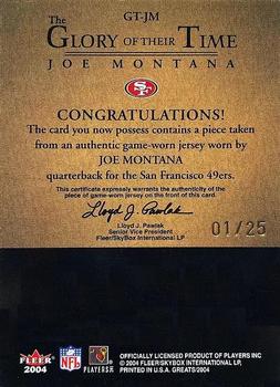 2004 Fleer Greats of the Game - Glory of Their Time Game Used Patch #GT-JM Joe Montana Back