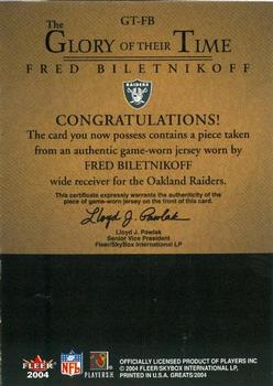 2004 Fleer Greats of the Game - Glory of Their Time Game Used Red #GT-FB Fred Biletnikoff Back