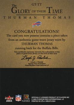 2004 Fleer Greats of the Game - Glory of Their Time Game Used Red #GT-TT Thurman Thomas Back