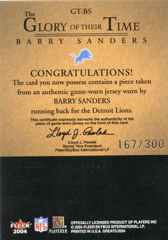 2004 Fleer Greats of the Game - Glory of Their Time Game Used Silver #GT-BS2 Barry Sanders Back