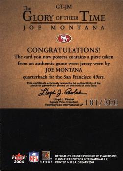 2004 Fleer Greats of the Game - Glory of Their Time Game Used Silver #GT-JM Joe Montana Back