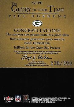 2004 Fleer Greats of the Game - Glory of Their Time Game Used Silver #GT-PH Paul Hornung Back