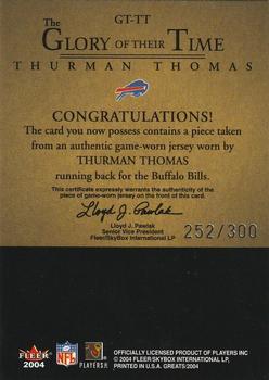 2004 Fleer Greats of the Game - Glory of Their Time Game Used Silver #GT-TT Thurman Thomas Back