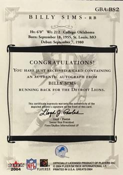 2004 Fleer Greats of the Game - Gold Border Autographs #GBA-BS2 Billy Sims Back