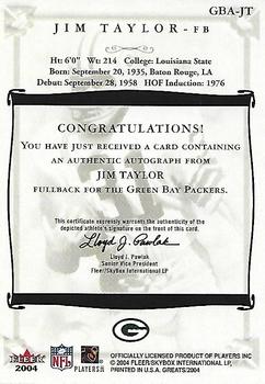 2004 Fleer Greats of the Game - Gold Border Autographs #GBA-JT Jim Taylor Back