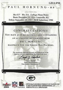 2004 Fleer Greats of the Game - Gold Border Autographs #GBA-PH Paul Hornung Back