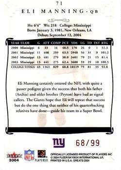 2004 Fleer Greats of the Game - Green/Red #71 Eli Manning Back