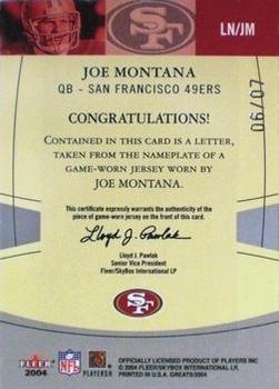 2004 Fleer Greats of the Game - Legendary Nameplates #LN/JM Joe Montana Back