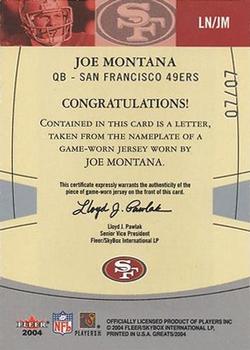 2004 Fleer Greats of the Game - Legendary Nameplates #LN/JM Joe Montana Back
