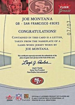 2004 Fleer Greats of the Game - Legendary Nameplates #LN/JM2 Joe Montana Back