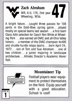 1993 West Virginia Mountaineers Program Cards #1 Zach Abraham Back
