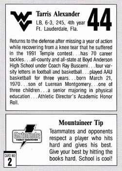 1993 West Virginia Mountaineers Program Cards #2 Tarris Alexander Back