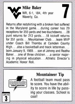 1993 West Virginia Mountaineers Program Cards #3 Mike Baker Back