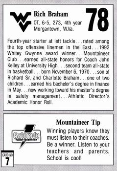 1993 West Virginia Mountaineers Program Cards #7 Rich Braham Back