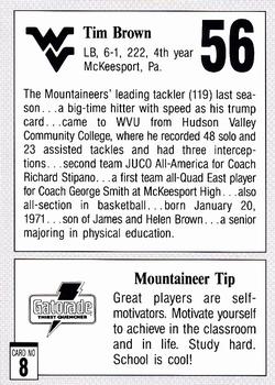 1993 West Virginia Mountaineers Program Cards #8 Tim Brown Back