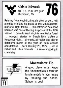1993 West Virginia Mountaineers Program Cards #11 Calvin Edwards Back