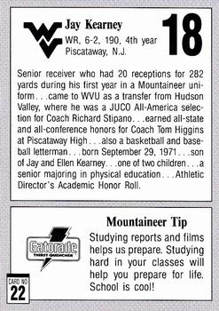 1993 West Virginia Mountaineers Program Cards #22 Jay Kearney Back