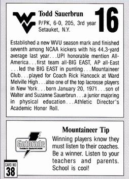 1993 West Virginia Mountaineers Program Cards #38 Todd Sauerbrun Back