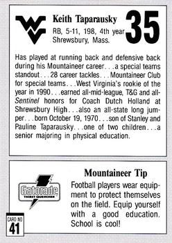 1993 West Virginia Mountaineers Program Cards #41 Keith Taparausky Back