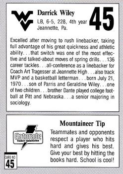 1993 West Virginia Mountaineers Program Cards #45 Darrick Wiley Back