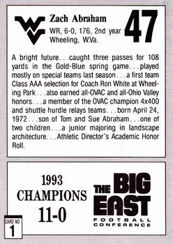 1993 West Virginia Mountaineers Big East Champions #1 Zach Abraham Back