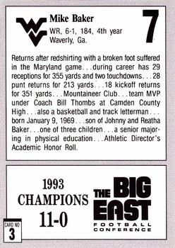 1993 West Virginia Mountaineers Big East Champions #3 Mike Baker Back