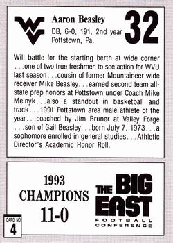 1993 West Virginia Mountaineers Big East Champions #4 Aaron Beasley Back