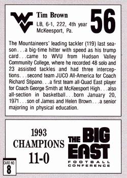 1993 West Virginia Mountaineers Big East Champions #8 Tim Brown Back