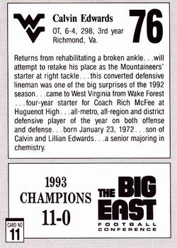 1993 West Virginia Mountaineers Big East Champions #11 Calvin Edwards Back
