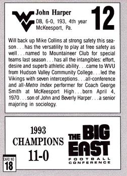 1993 West Virginia Mountaineers Big East Champions #18 John Harper Back