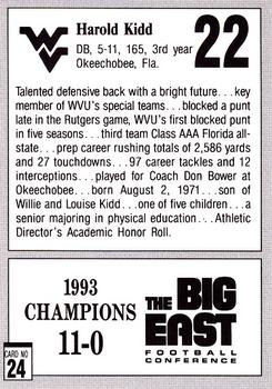1993 West Virginia Mountaineers Big East Champions #24 Harold Kidd Back