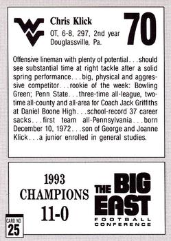 1993 West Virginia Mountaineers Big East Champions #25 Chris Klick Back
