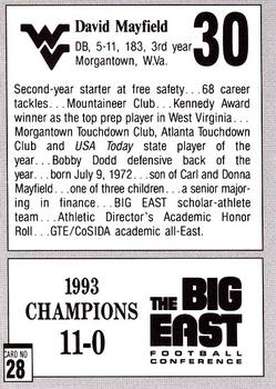 1993 West Virginia Mountaineers Big East Champions #28 David Mayfield Back