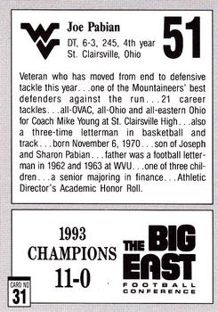 1993 West Virginia Mountaineers Big East Champions #31 Joe Pabian Back