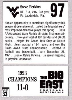1993 West Virginia Mountaineers Big East Champions #33 Steve Perkins Back