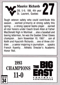 1993 West Virginia Mountaineers Big East Champions #34 Maurice Richards Back
